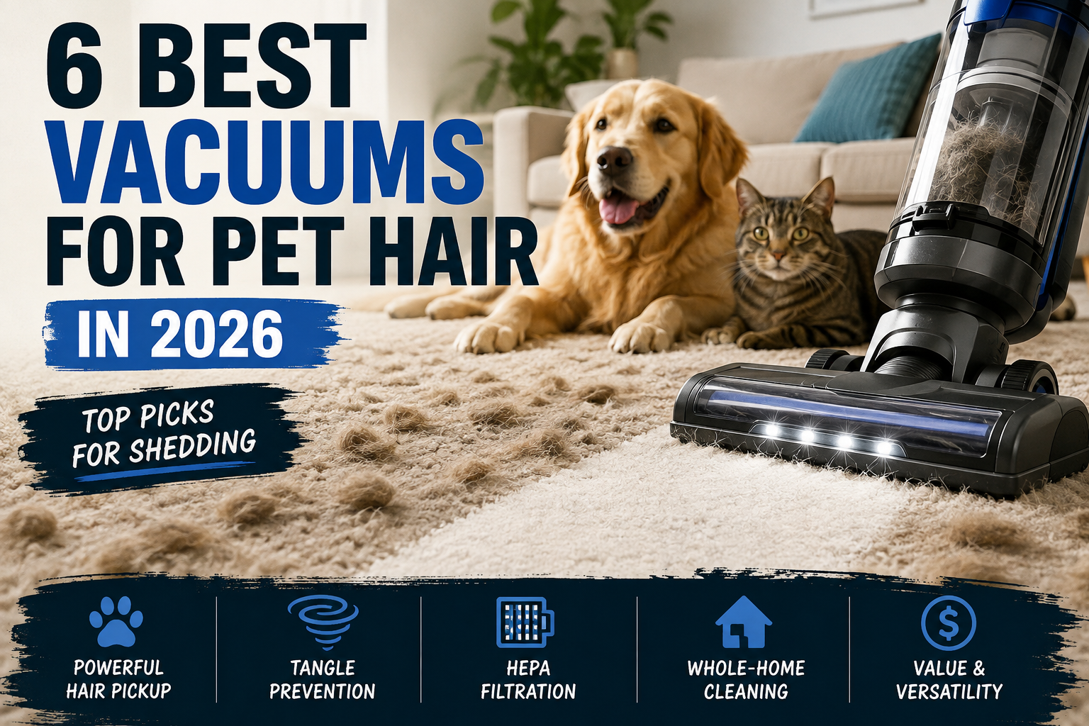 Six best vacuums for pet hair in 2026 shown cleaning shedding from carpet beside a dog and cat.