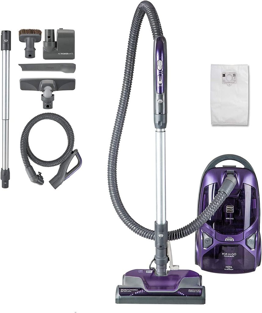 Kenmore Pet-Friendly Pop-N-Go Bagged Canister vacuum for pet hair on hardwood.
