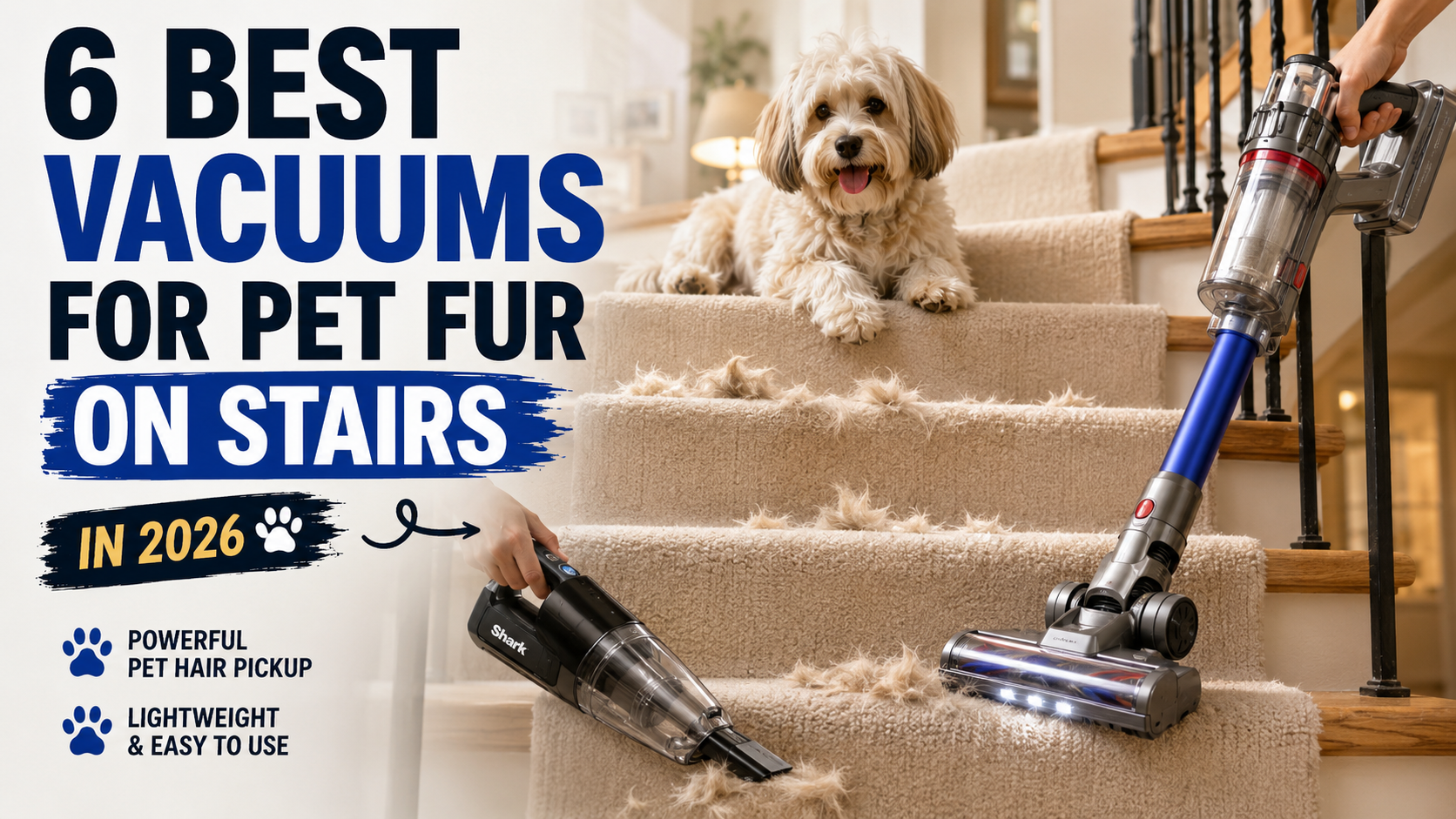 Small long-haired dog sitting on carpeted stairs with visible pet fur while a cordless stick vacuum and handheld pet vacuum clean the steps.