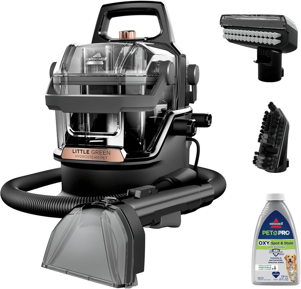 BISSELL Little Green HydroSteam vacuum for pet accidents.