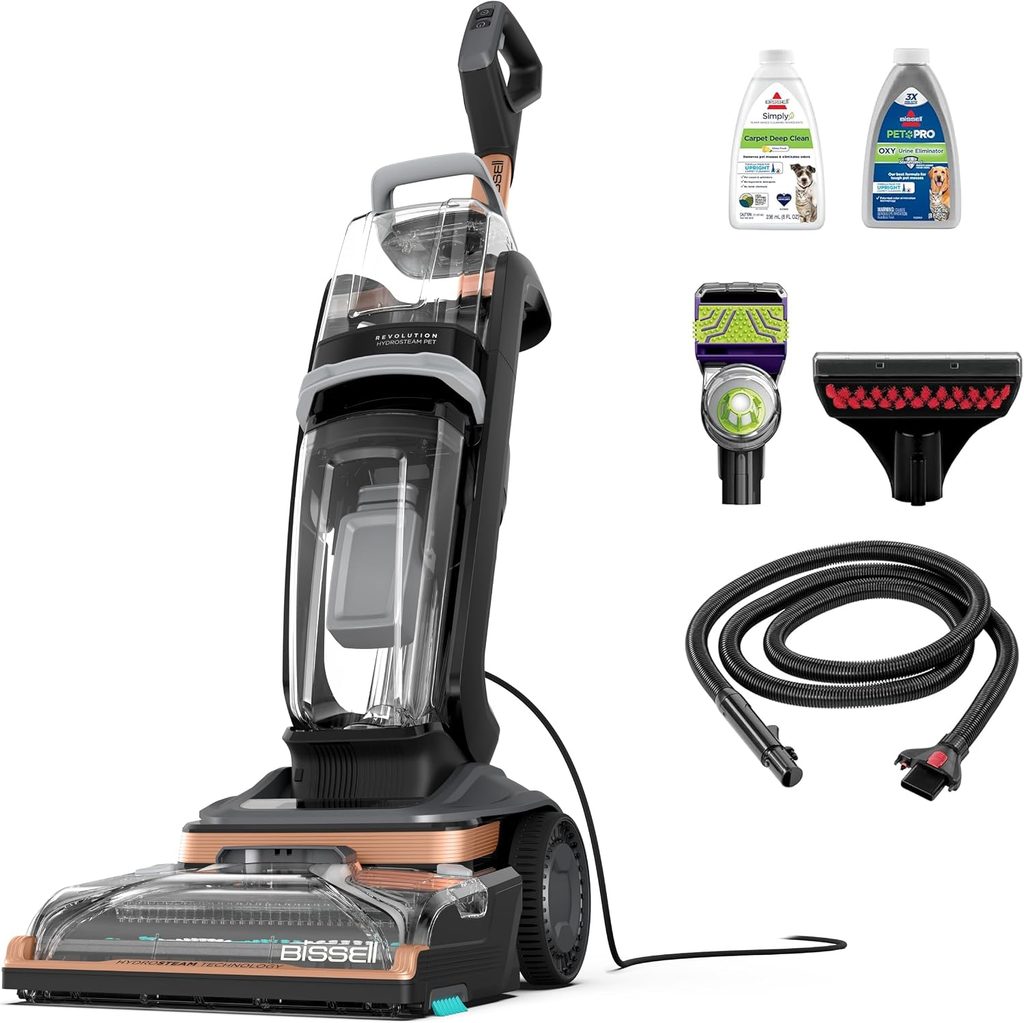 BISSELL Revolution HydroSteam Pet carpet cleaner with hose, pet upholstery tools, and cleaning formulas for removing pet stains and odors.