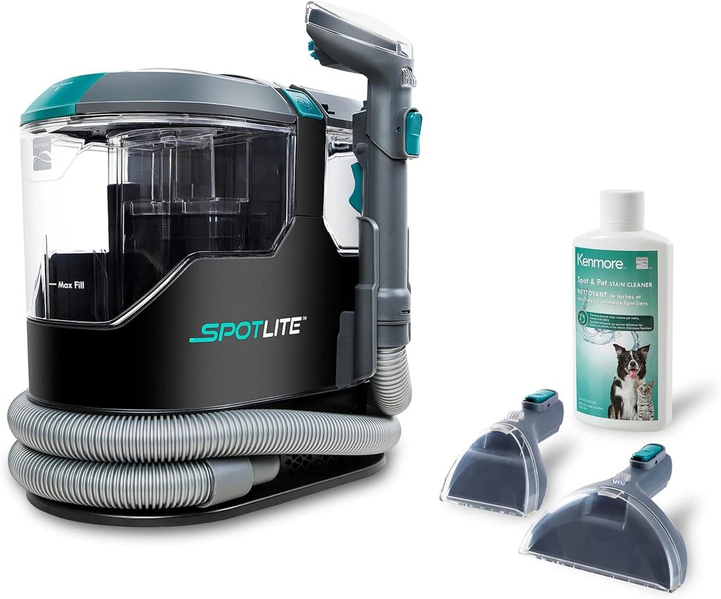 Kenmore SpotLite KW2001 portable carpet spot cleaner with hose, upholstery tools, and pet stain cleaning solution.