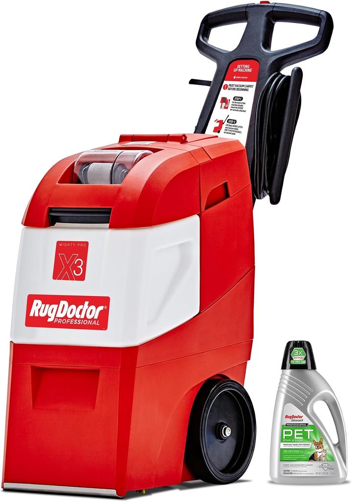 Rug Doctor Mighty Pro X3 commercial carpet cleaner model 90011 for deep cleaning pet stains and odors from carpets and rugs.