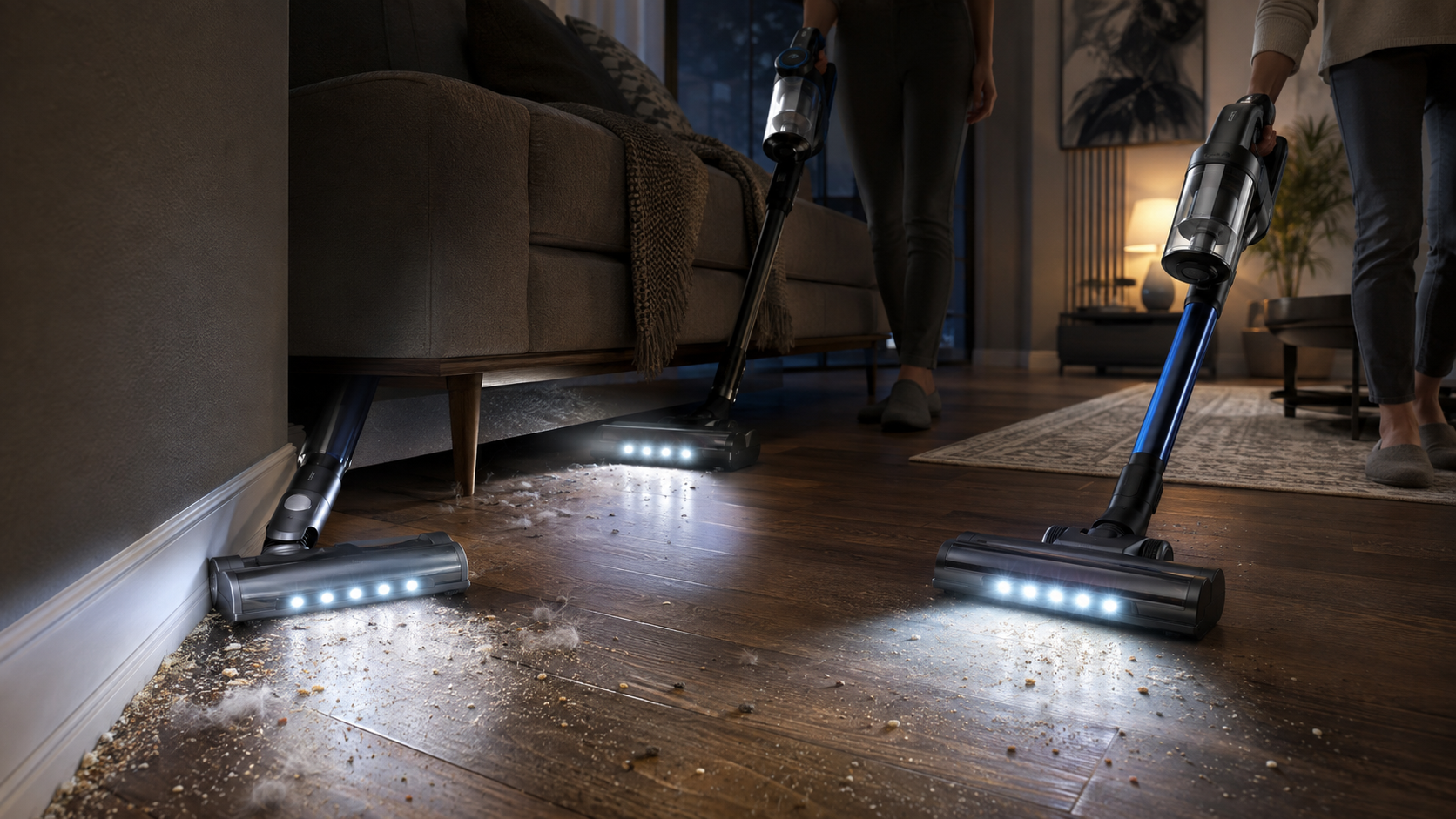 Best cordless vacuums with LED lights revealing hidden dust, pet hair, and debris on dark hardwood floors.
