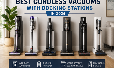 Best cordless vacuums with docking stations in 2026 displayed with auto-empty and charging docks in a modern home