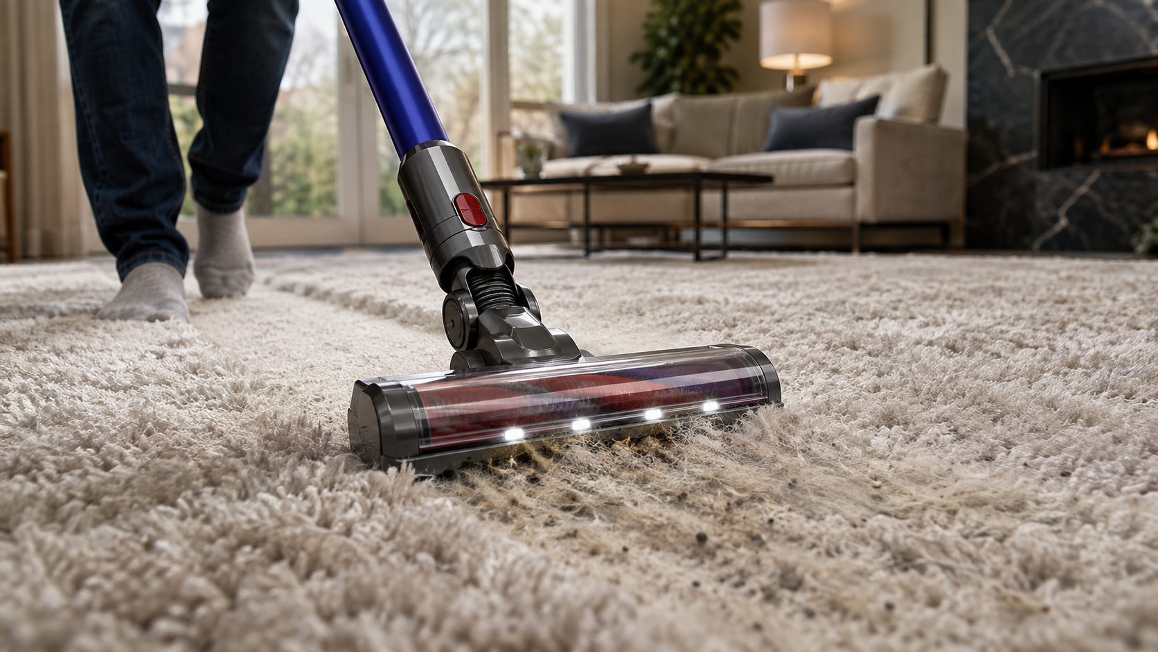 Cordless vacuum cleaner deep cleaning thick high-pile carpet in a living room, with plush fibers visibly parted and debris being lifted from the pile.