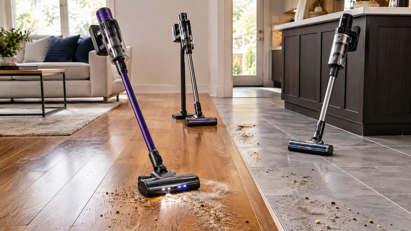 Cordless vacuums cleaning wood and tile floors with visible dust, pet hair, crumbs, and debris along grout lin