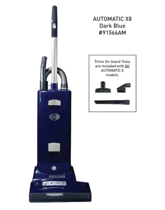 SEBO AUTOMATIC X8 upright vacuum for edge and baseboard cleaning.