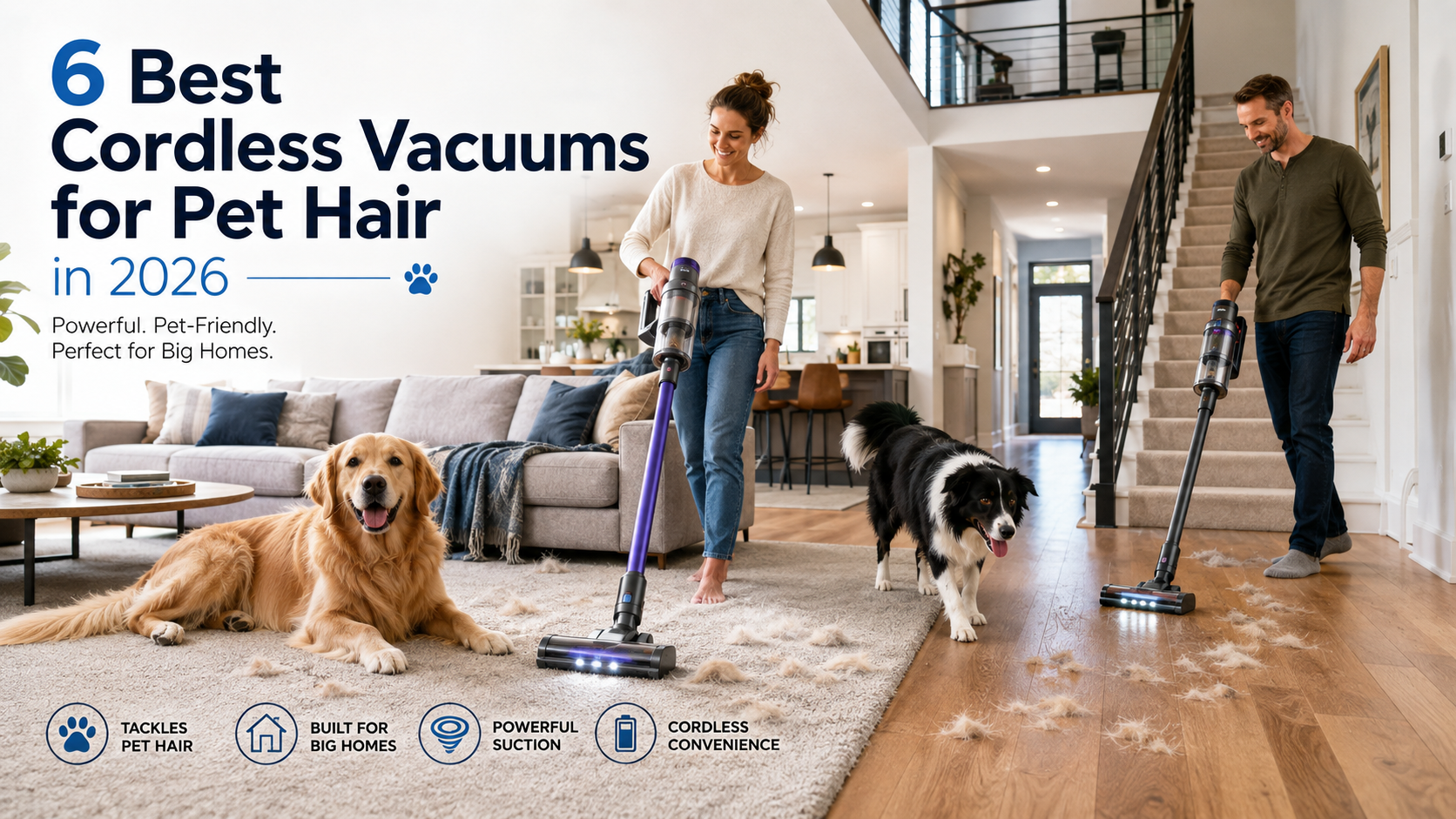 Best cordless vacuums for pet hair in 2026 cleaning loose dog hair in a large home with multiple dogs.