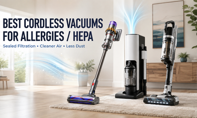 Best cordless vacuums for allergies and HEPA filtration in 2026 displayed in a modern home with cleaner-air visuals.