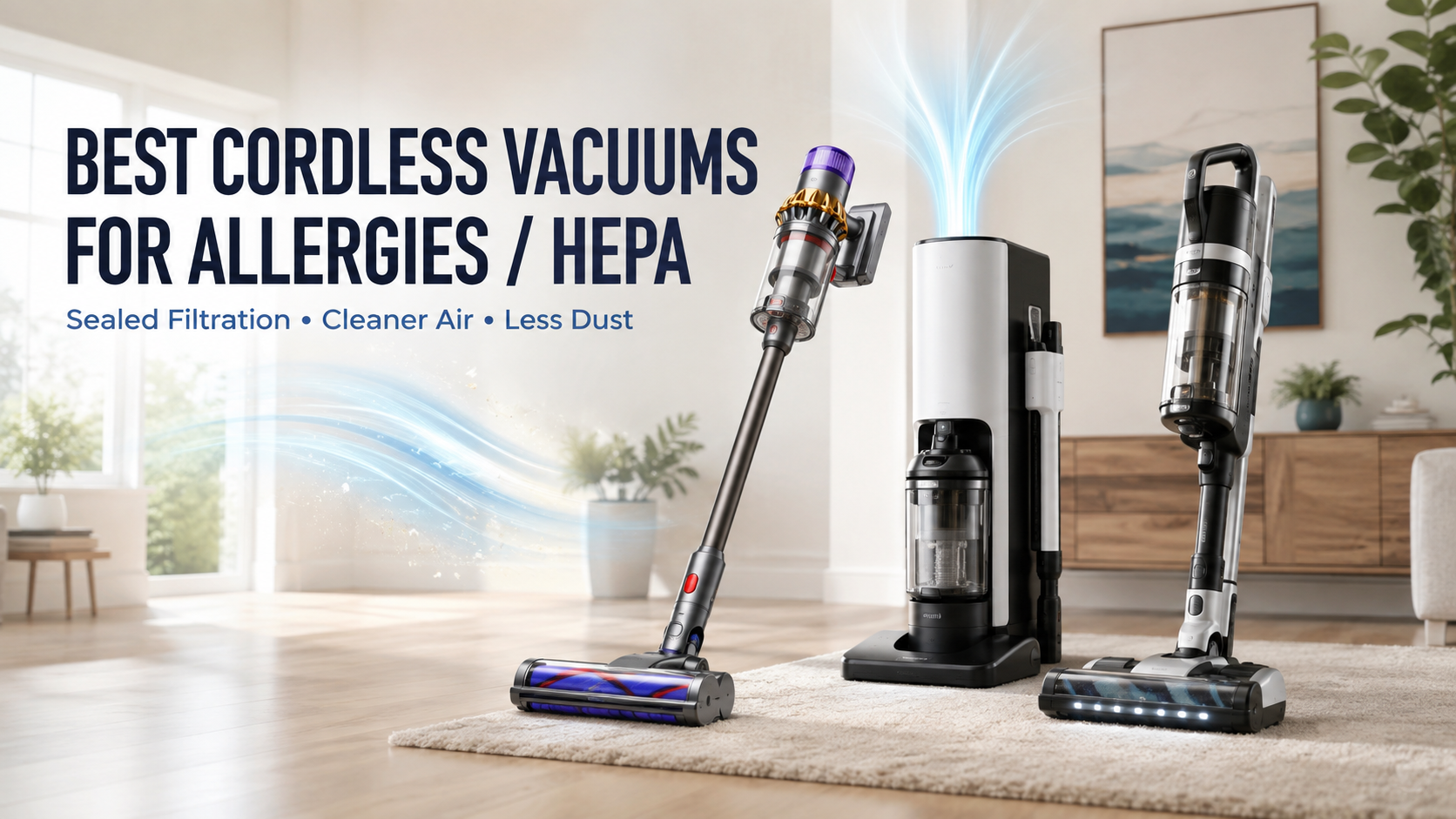 Best cordless vacuums for allergies and HEPA filtration in 2026 displayed in a modern home with cleaner-air visuals.