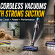 Best cordless vacuums with strong suction in 2026 shown deep cleaning carpet, pet hair, dust, and debris on mixed flooring.