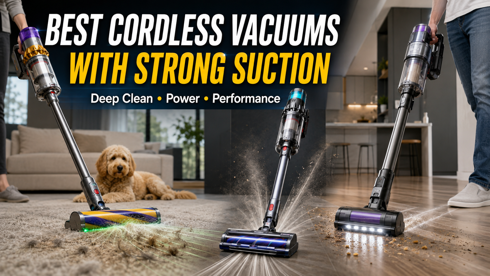 Best cordless vacuums with strong suction in 2026 shown deep cleaning carpet, pet hair, dust, and debris on mixed flooring.