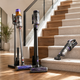Best cordless vacuums for stairs in 2026 displayed beside carpeted and hardwood stairs in a modern home.