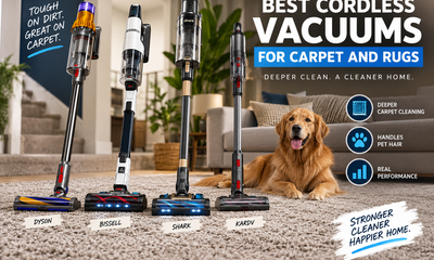 Cordless vacuums for carpet and rugs displayed on a living room carpet with a golden retriever