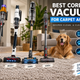 Cordless vacuums for carpet and rugs displayed on a living room carpet with a golden retriever