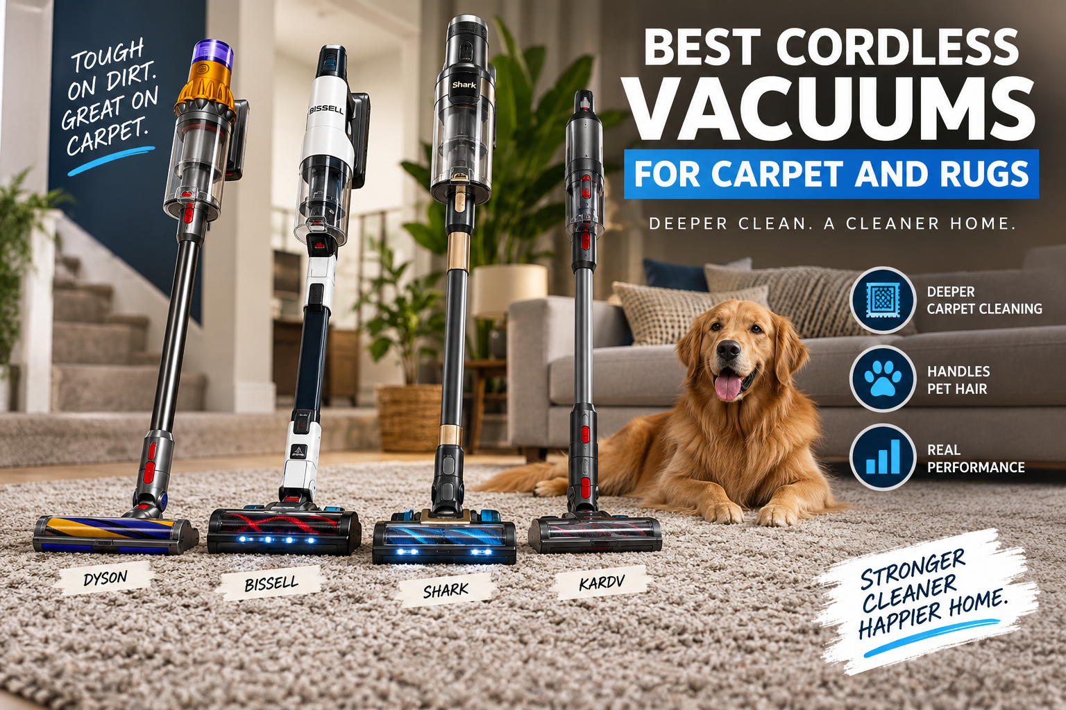 Cordless vacuums for carpet and rugs displayed on a living room carpet with a golden retriever
