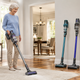 Older adult comfortably using a lightweight cordless vacuum on an area rug in a bright home with hardwood floors.
