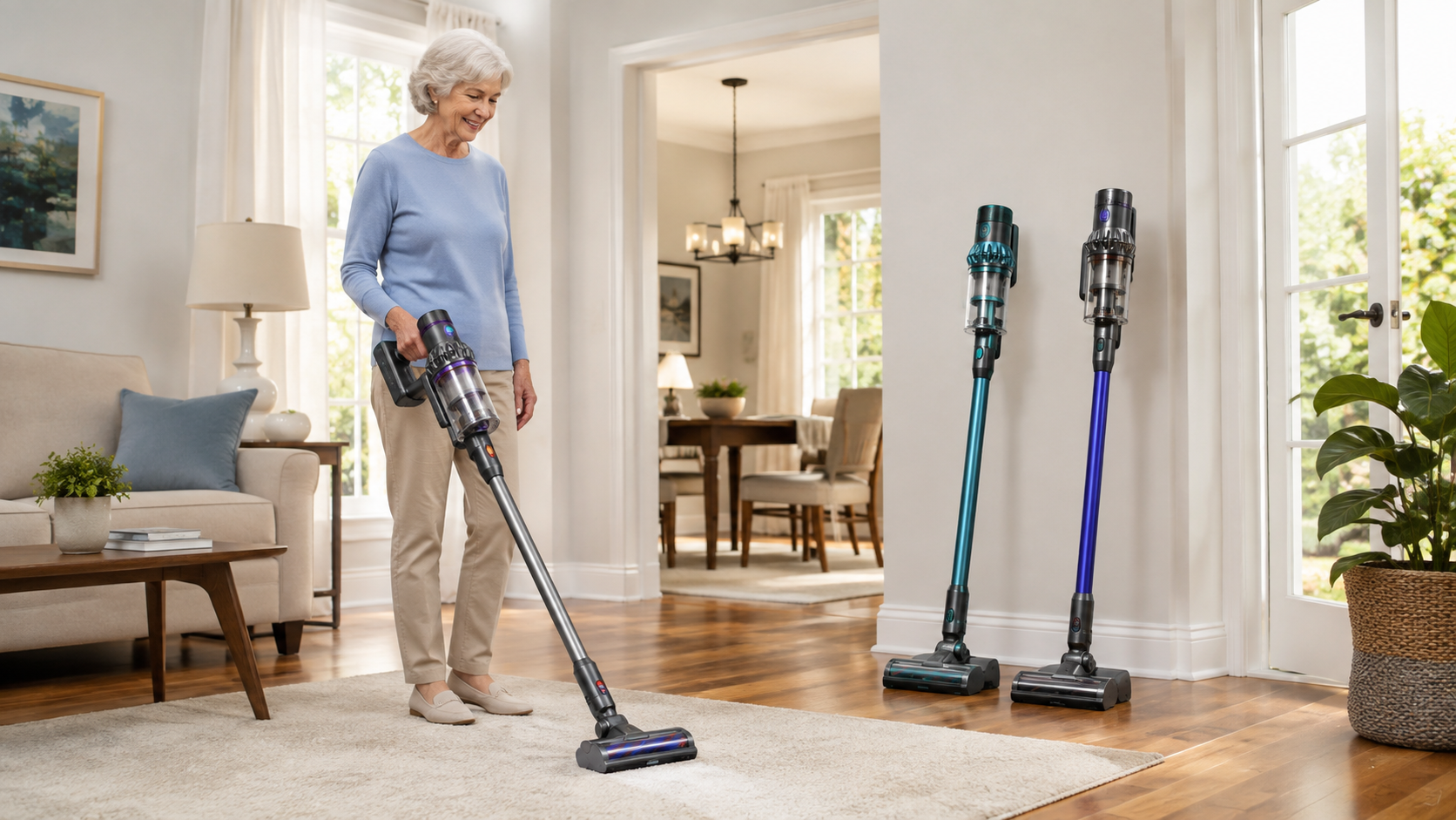 Older adult comfortably using a lightweight cordless vacuum on an area rug in a bright home with hardwood floors.