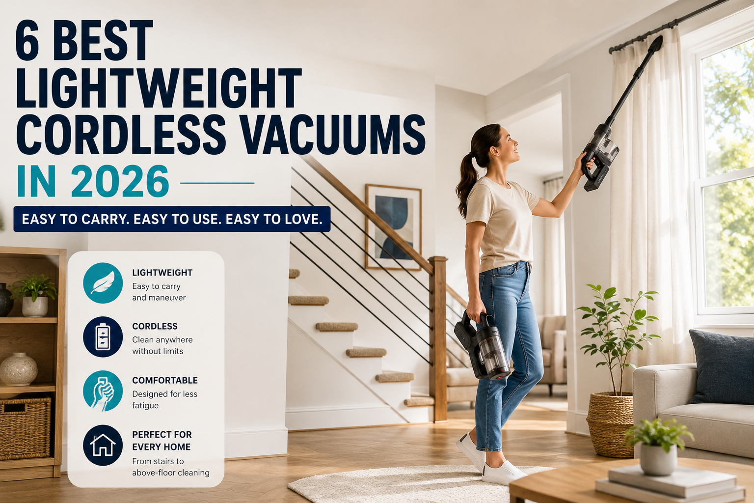 Best lightweight cordless vacuums in 2026 shown in use for easy stairs, overhead cleaning, and everyday home cleaning.