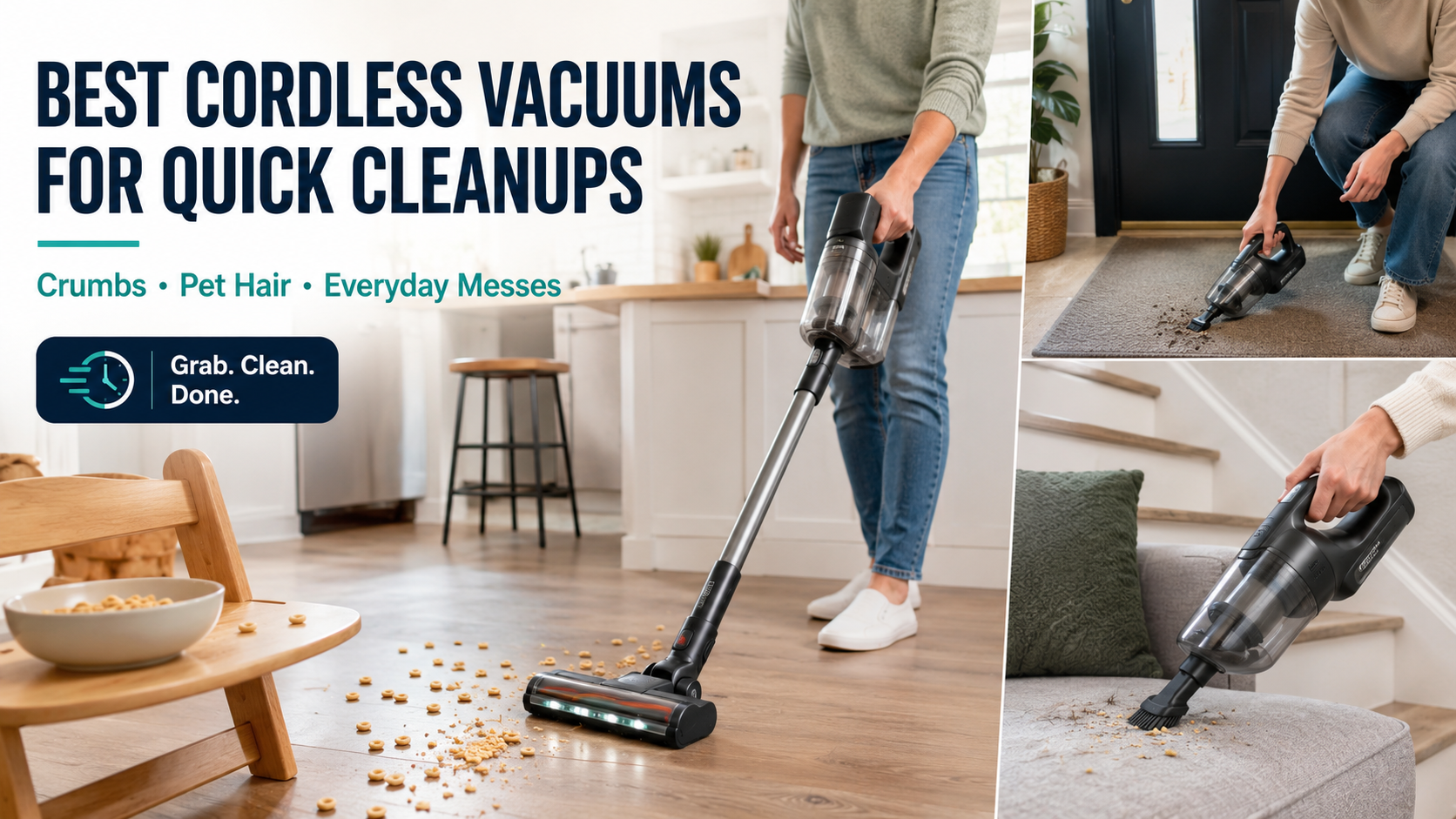 Best cordless vacuums for quick cleanups in 2026 shown cleaning crumbs, pet hair, and small dry everyday messes.