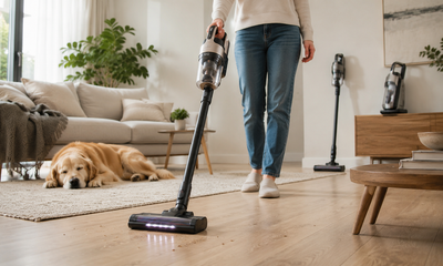 Best quiet cordless vacuums in 2026 shown cleaning near a sleeping dog in a peaceful modern living room.