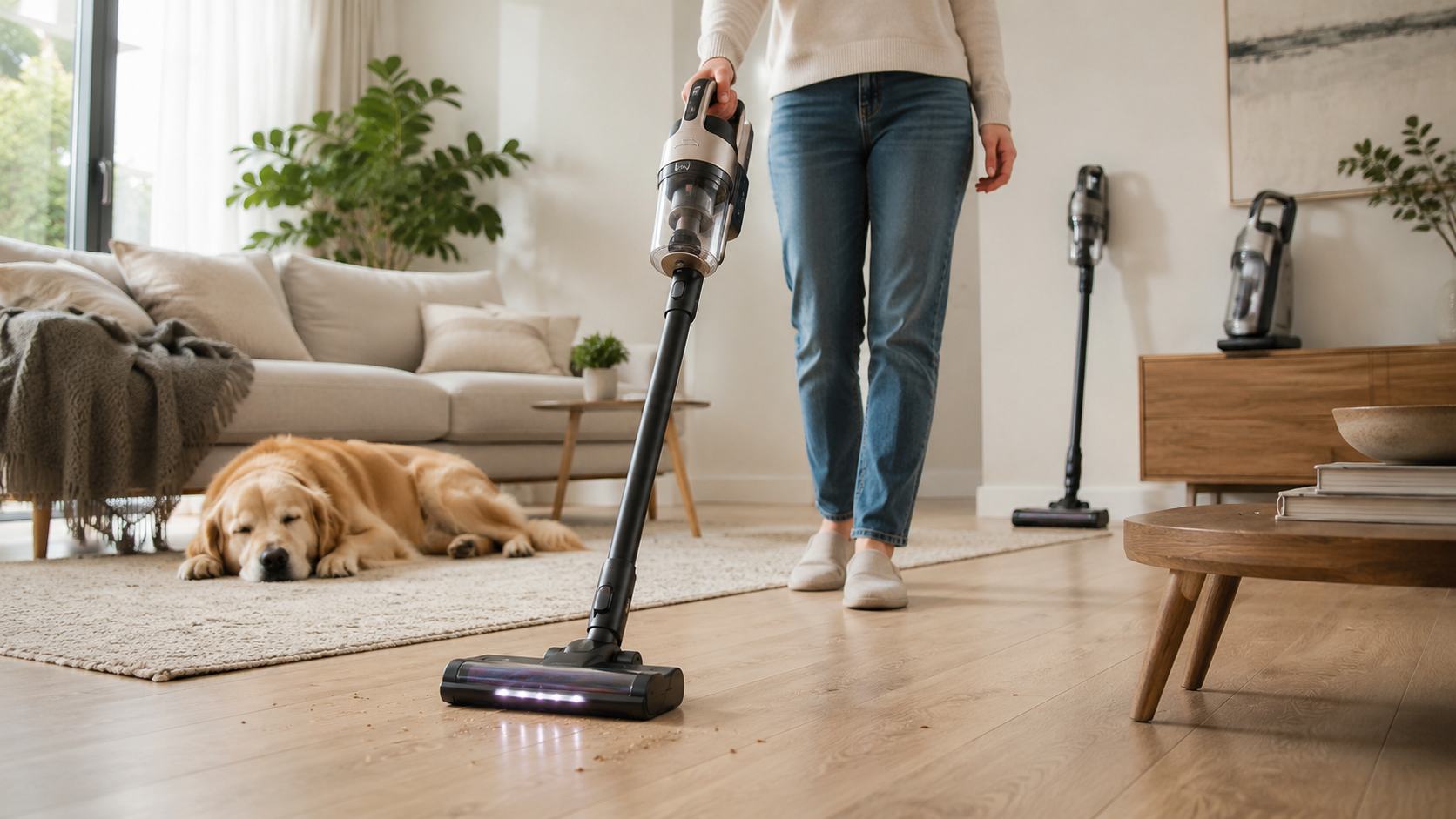 Best quiet cordless vacuums in 2026 shown cleaning near a sleeping dog in a peaceful modern living room.