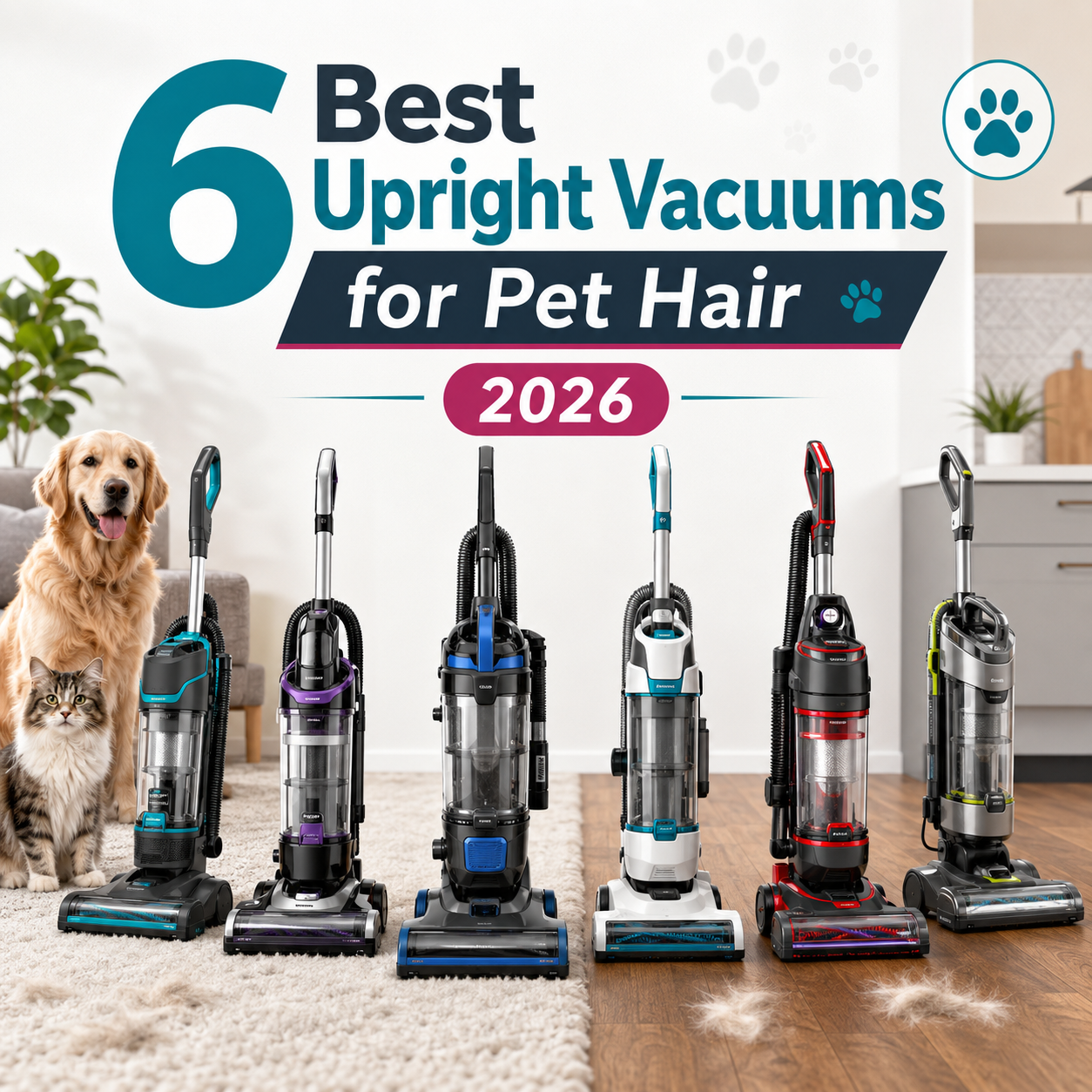 Six upright vacuums for pet hair in 2026 shown with a dog and cat on carpet and hardwood floors.