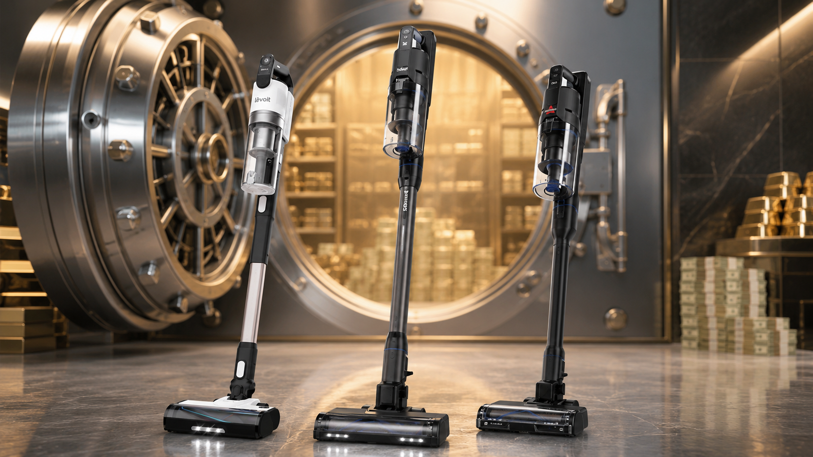 Cordless vacuums under $300 displayed in front of a bank vault with stacks of cash