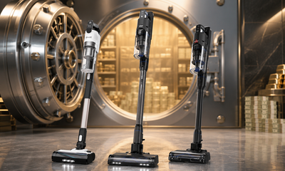 Cordless vacuums under $300 displayed in front of a bank vault with stacks of cash