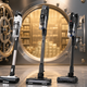 Cordless vacuums under $300 displayed in front of a bank vault with stacks of cash