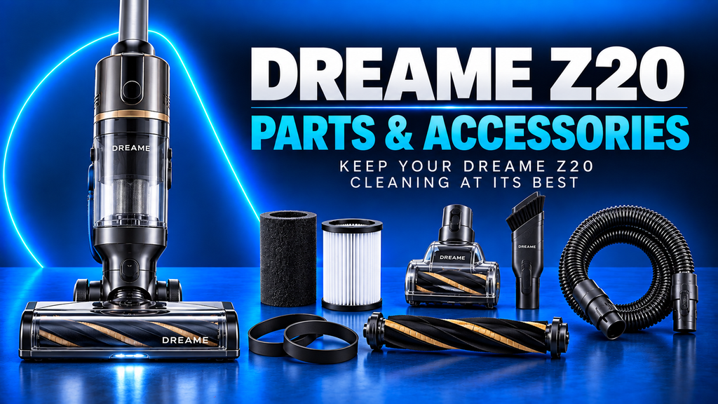 Dreame Z20 cordless vacuum with replacement filters, brush rollers, hose, battery accessories, and cleaning tools.