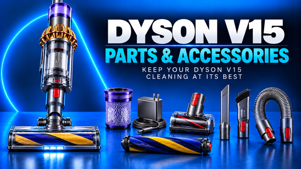 Dyson V15 Detect vacuum with replacement parts and accessories on a blue background