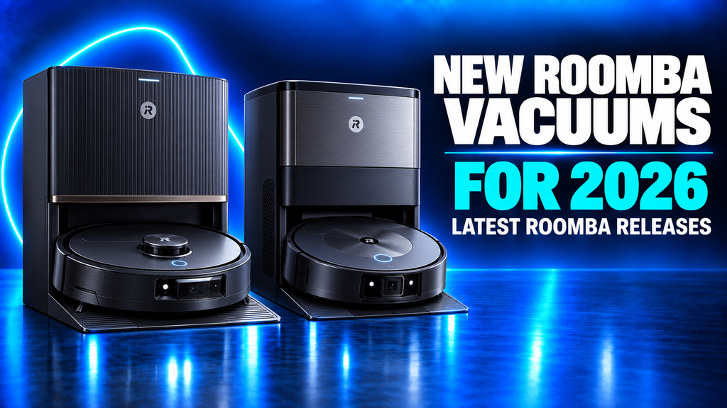 New Roomba robot vacuums with self-emptying docks on a blue background for 2026