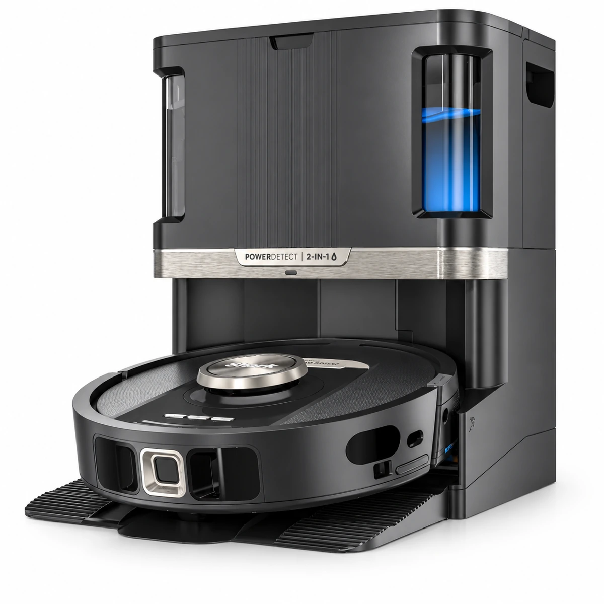Shark PowerDetect NeverTouch Pro robot vacuum and mop with base.